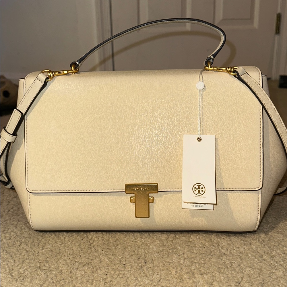 NWT Tory Burch Juliette Top Handle Satchel in Cream & Gold
